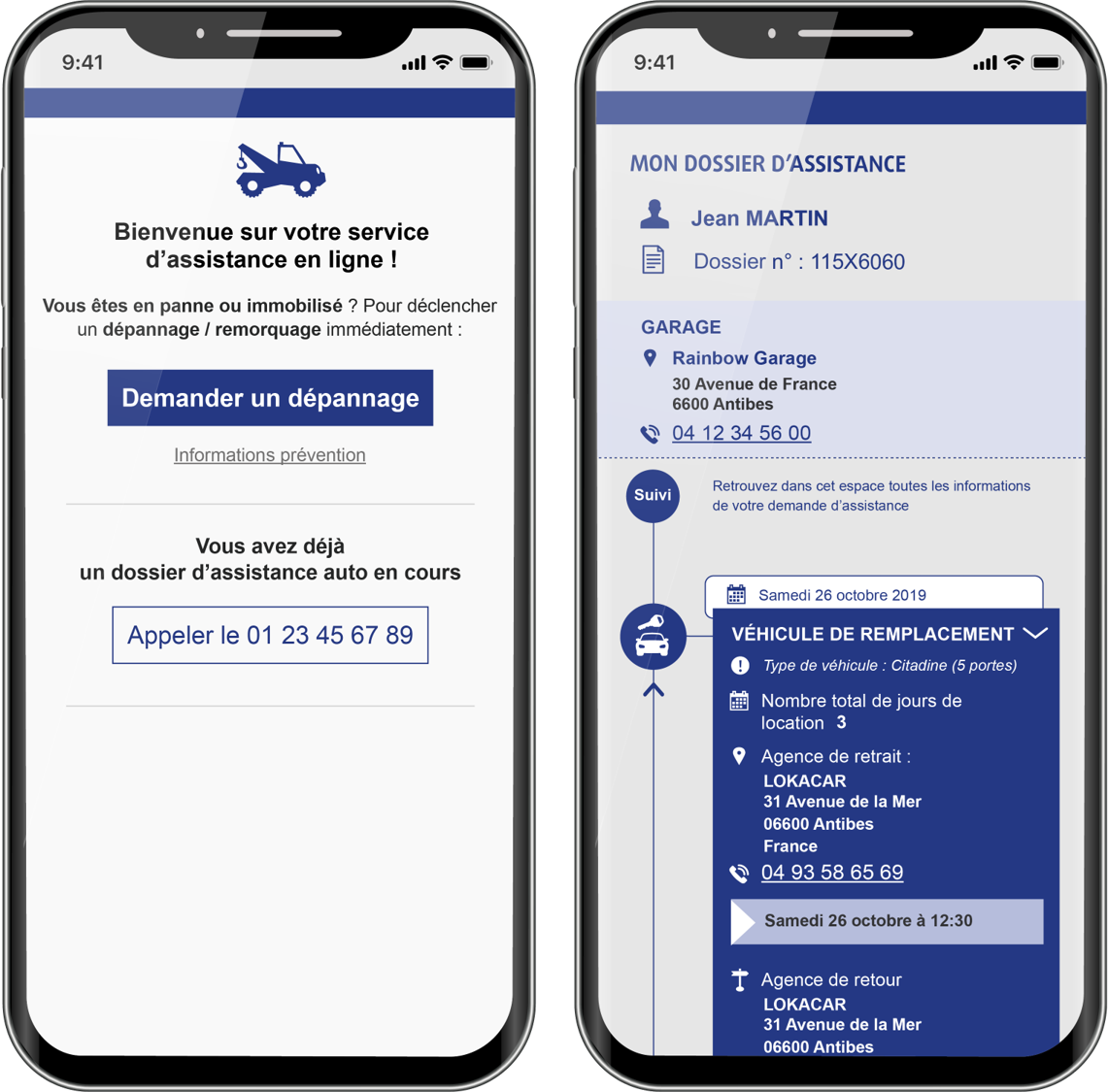 Ecran mobile de demande d'assistance dépannage et timeline d'assistance